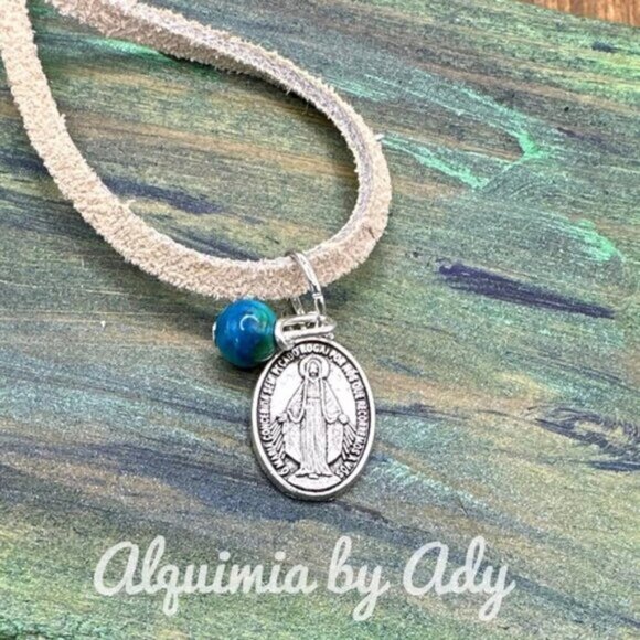 Virgin Mary and turquoise leather choker necklace - Picture 2 of 2